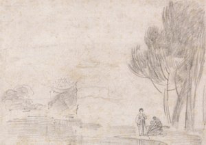 Ruined Temple of Minerva, Two Figures on River Bank by Richard Wilson